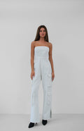 Cargo Pocket Strapless Ecru Denim Jumpsuit