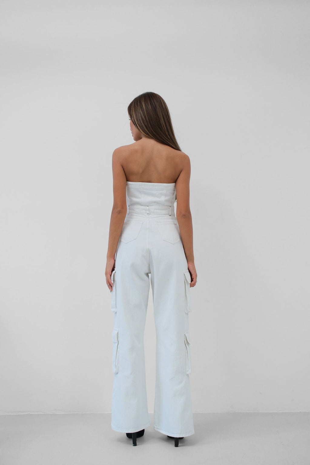 Cargo Pocket Strapless Ecru Denim Jumpsuit