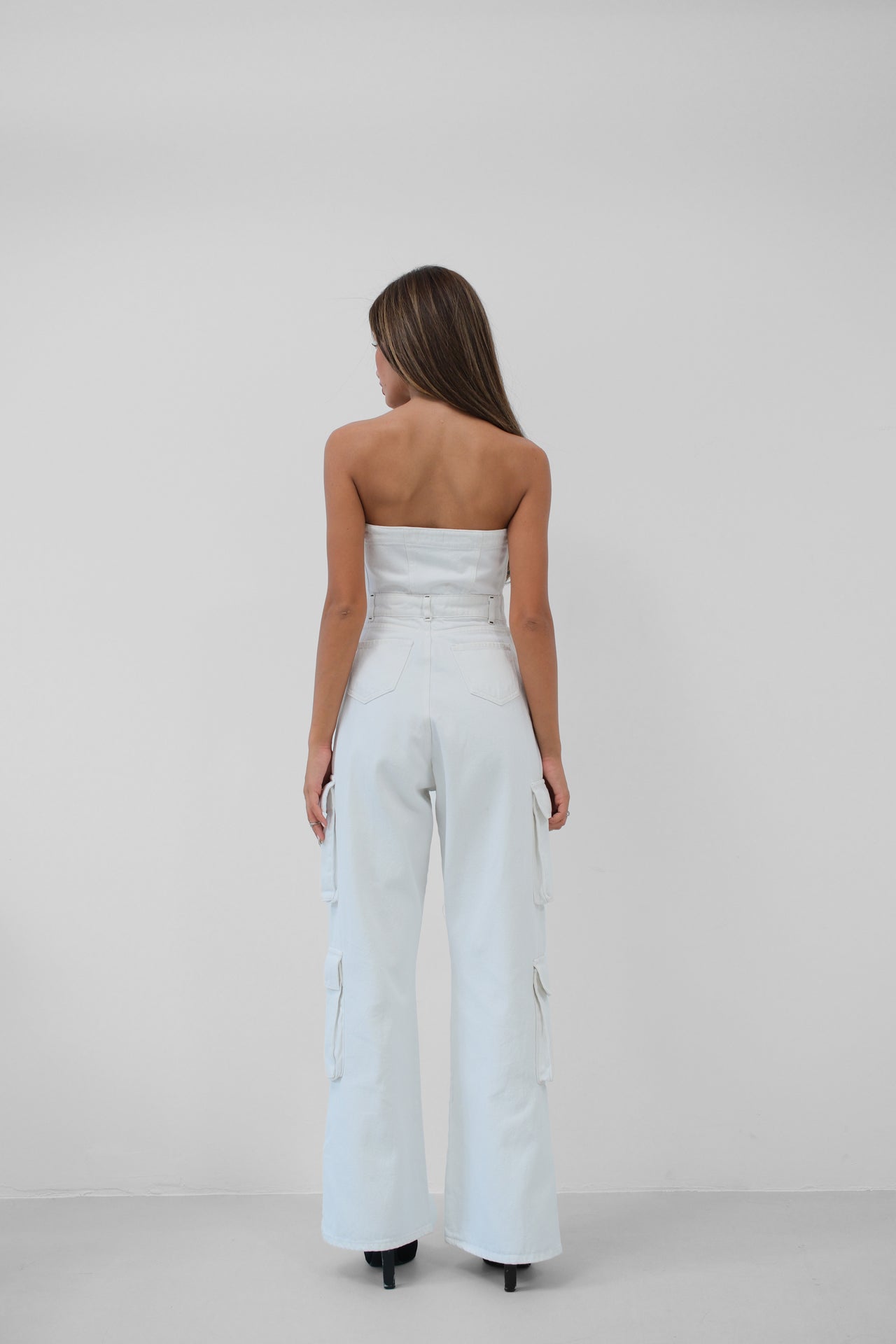 Cargo Pocket Strapless Ecru Denim Jumpsuit