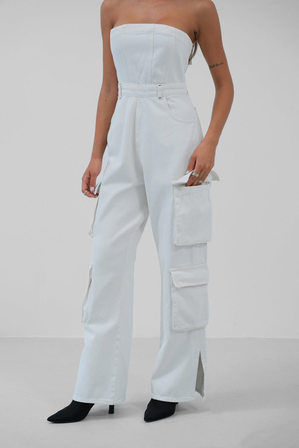 Cargo Pocket Strapless Ecru Denim Jumpsuit