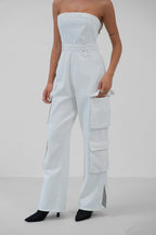 Cargo Pocket Strapless Ecru Denim Jumpsuit