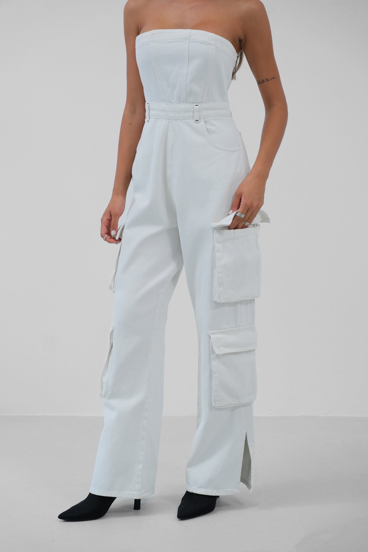 Cargo Pocket Strapless Ecru Denim Jumpsuit