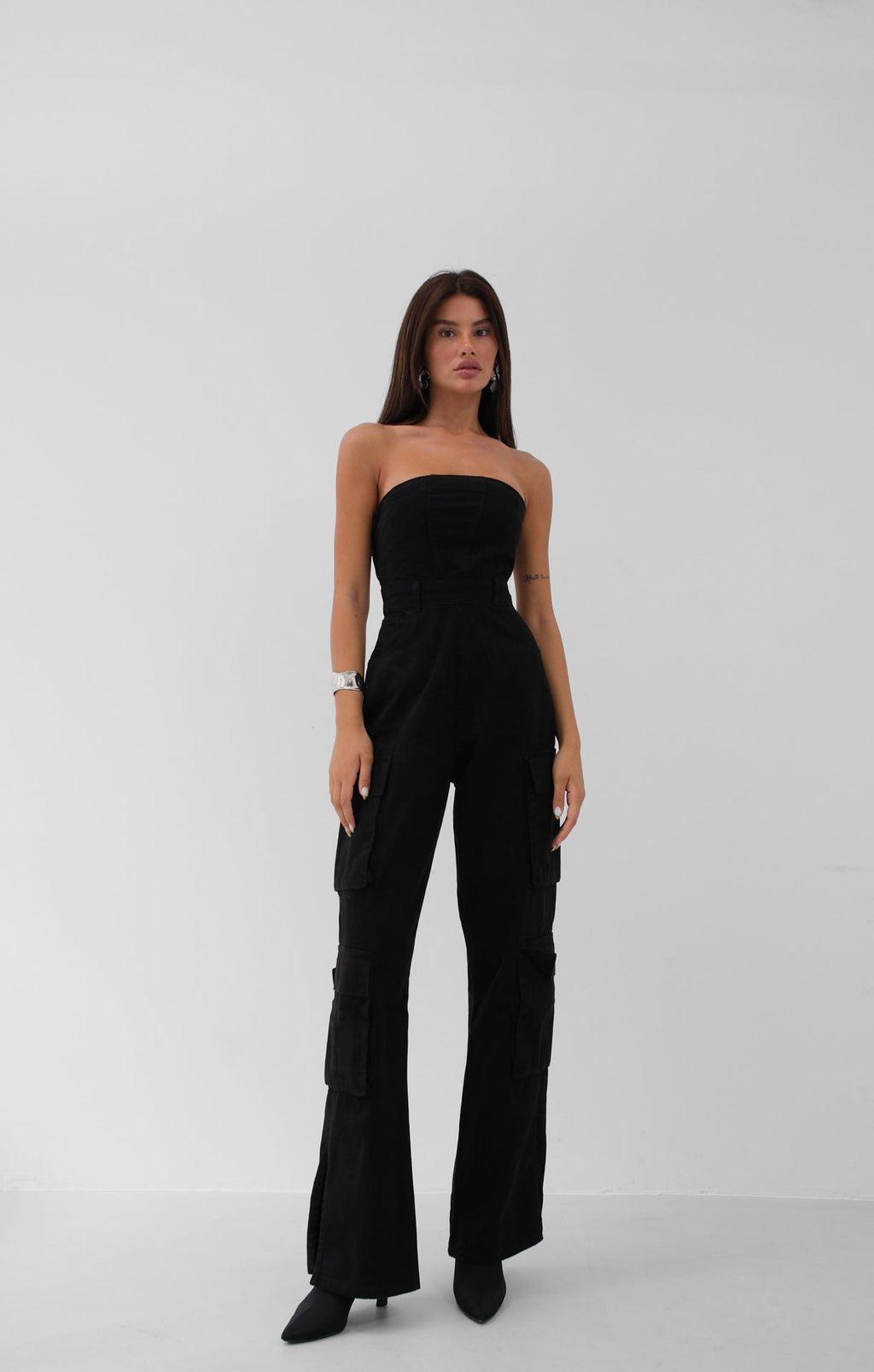 Cargo Pocket Strapless Black Denim Jumpsuit