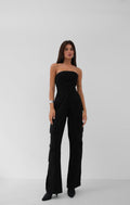 Cargo Pocket Strapless Black Denim Jumpsuit
