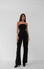Cargo Pocket Strapless Black Denim Jumpsuit