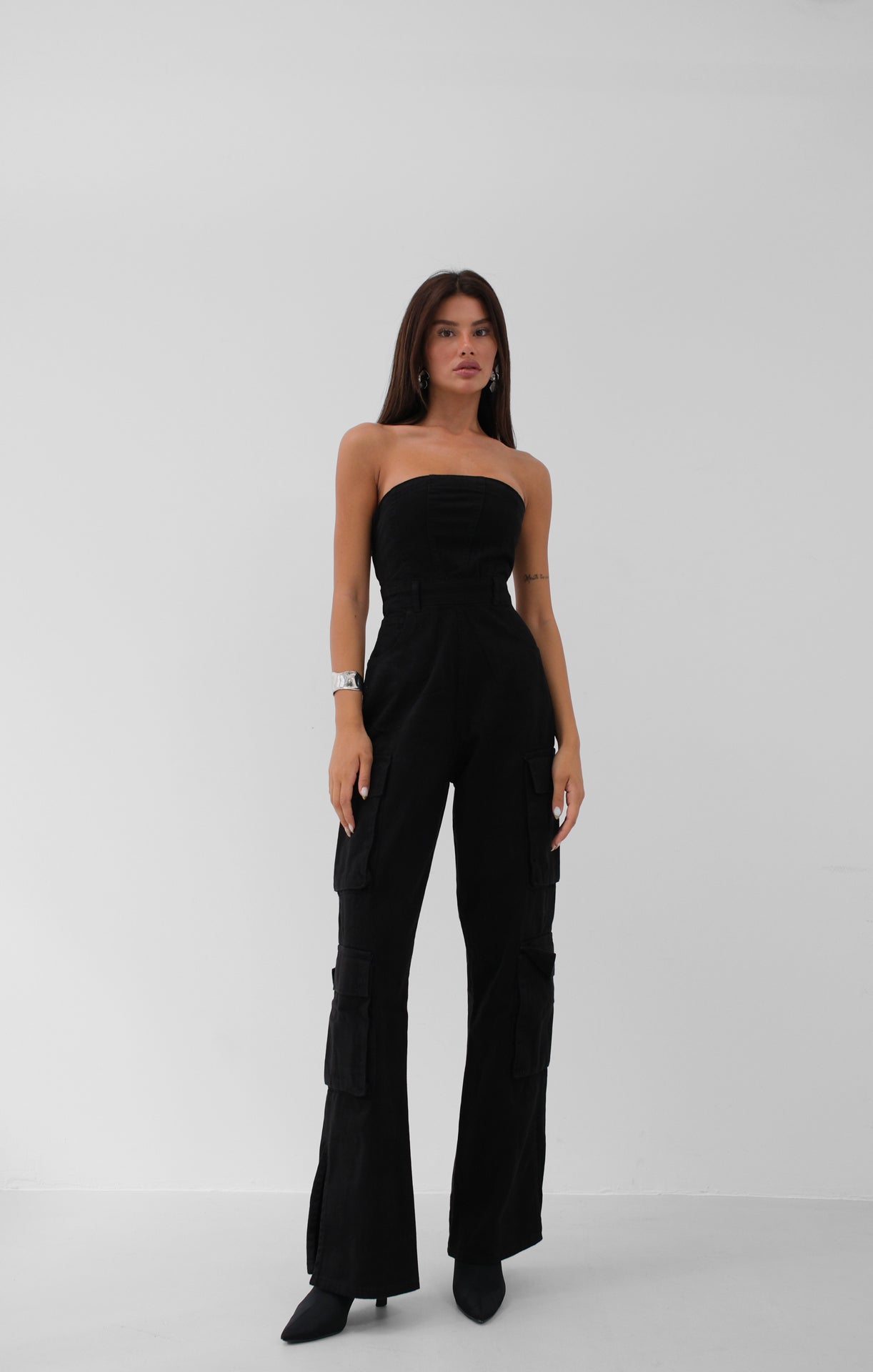 Cargo Pocket Strapless Black Denim Jumpsuit
