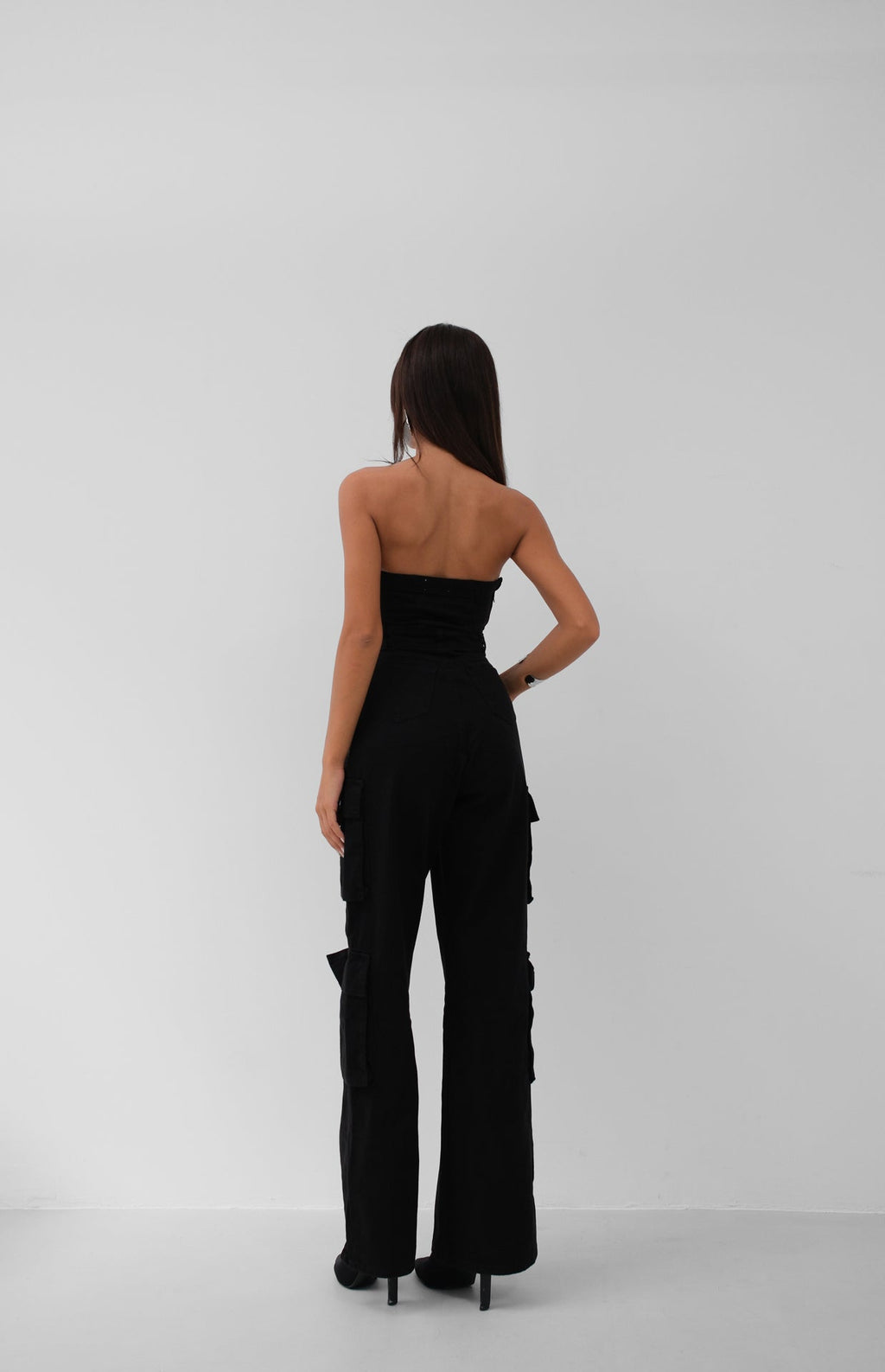 Cargo Pocket Strapless Black Denim Jumpsuit