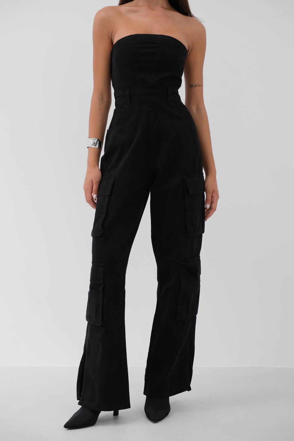 Cargo Pocket Strapless Black Denim Jumpsuit