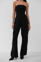 Cargo Pocket Strapless Black Denim Jumpsuit