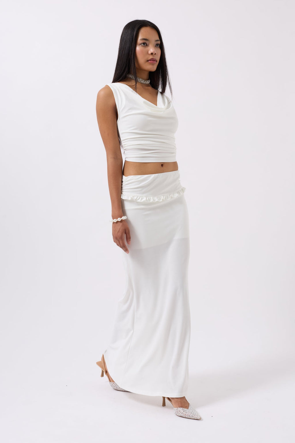 Folded Waist Detail Maxi White Skirt