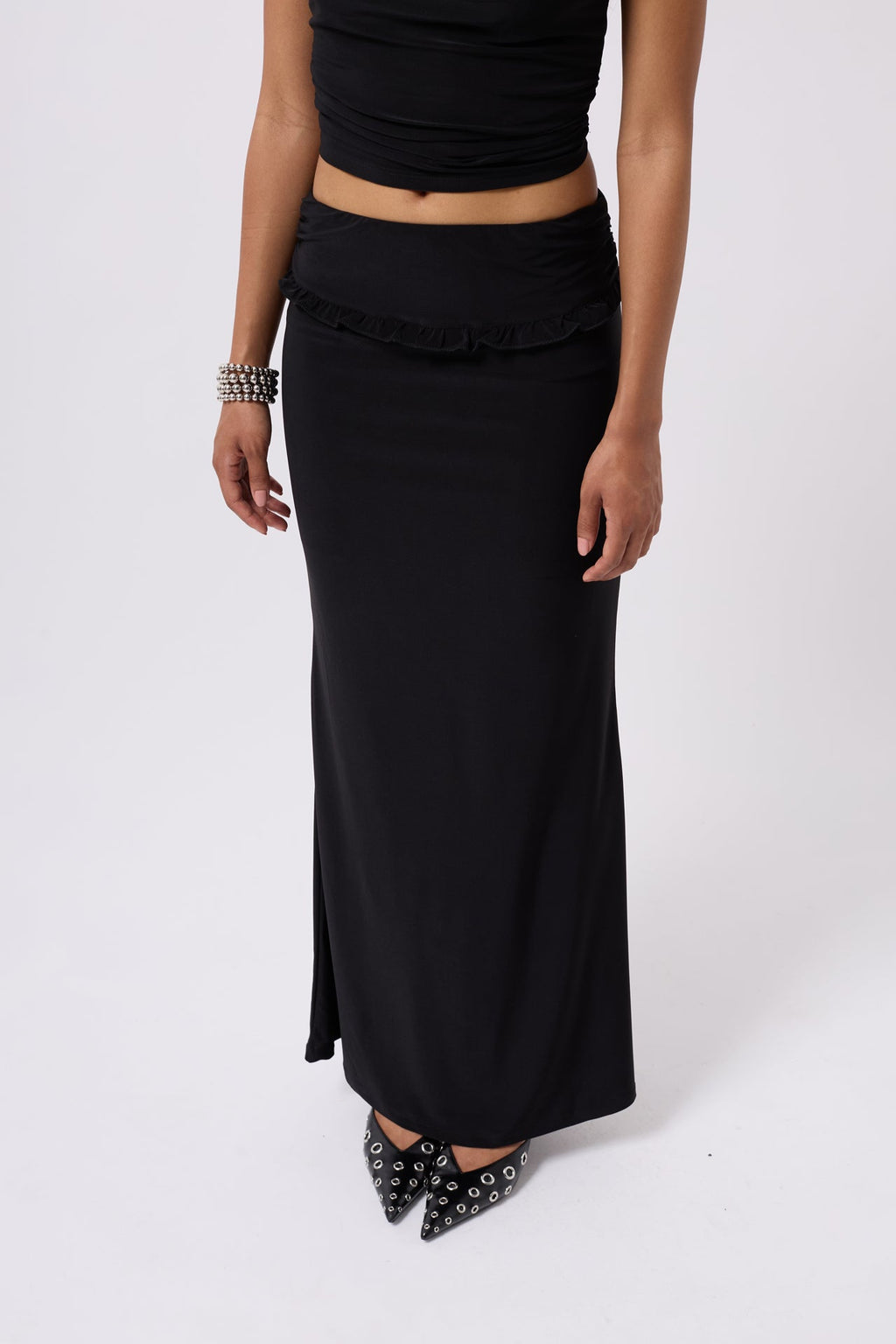 Folded Waist Detail Maxi Black Skirt