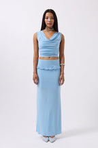 Folded Waist Detail Maxi Blue Skirt