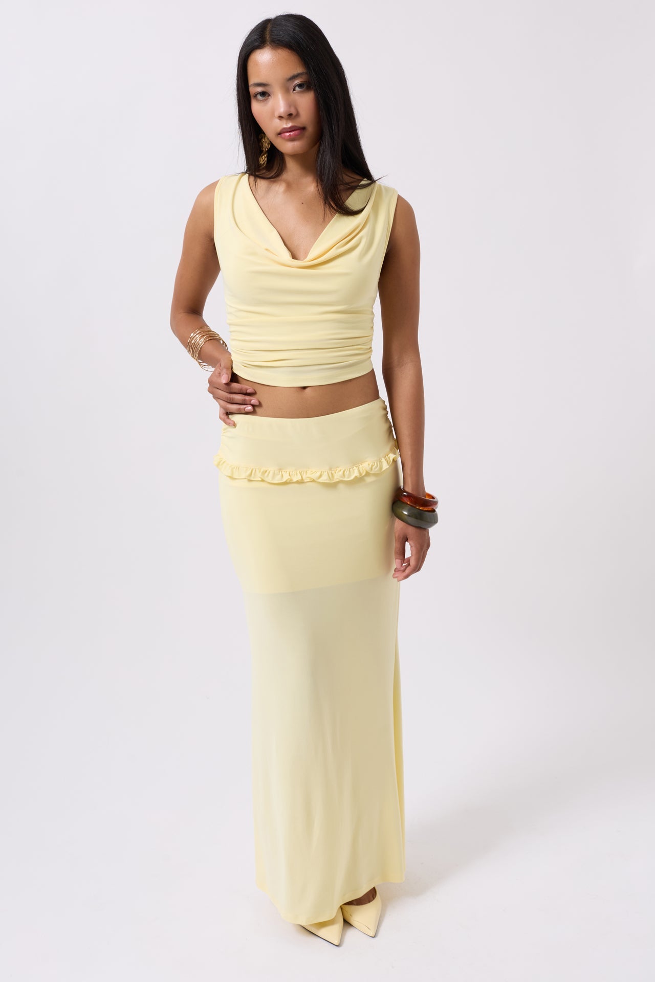 Folded Waist Detail Maxi Yellow Skirt