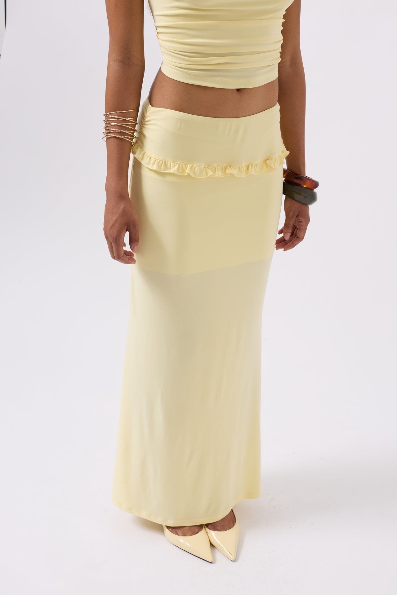 Folded Waist Detail Maxi Yellow Skirt