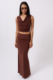 Fold Waist Detail Maxi Brown Skirt