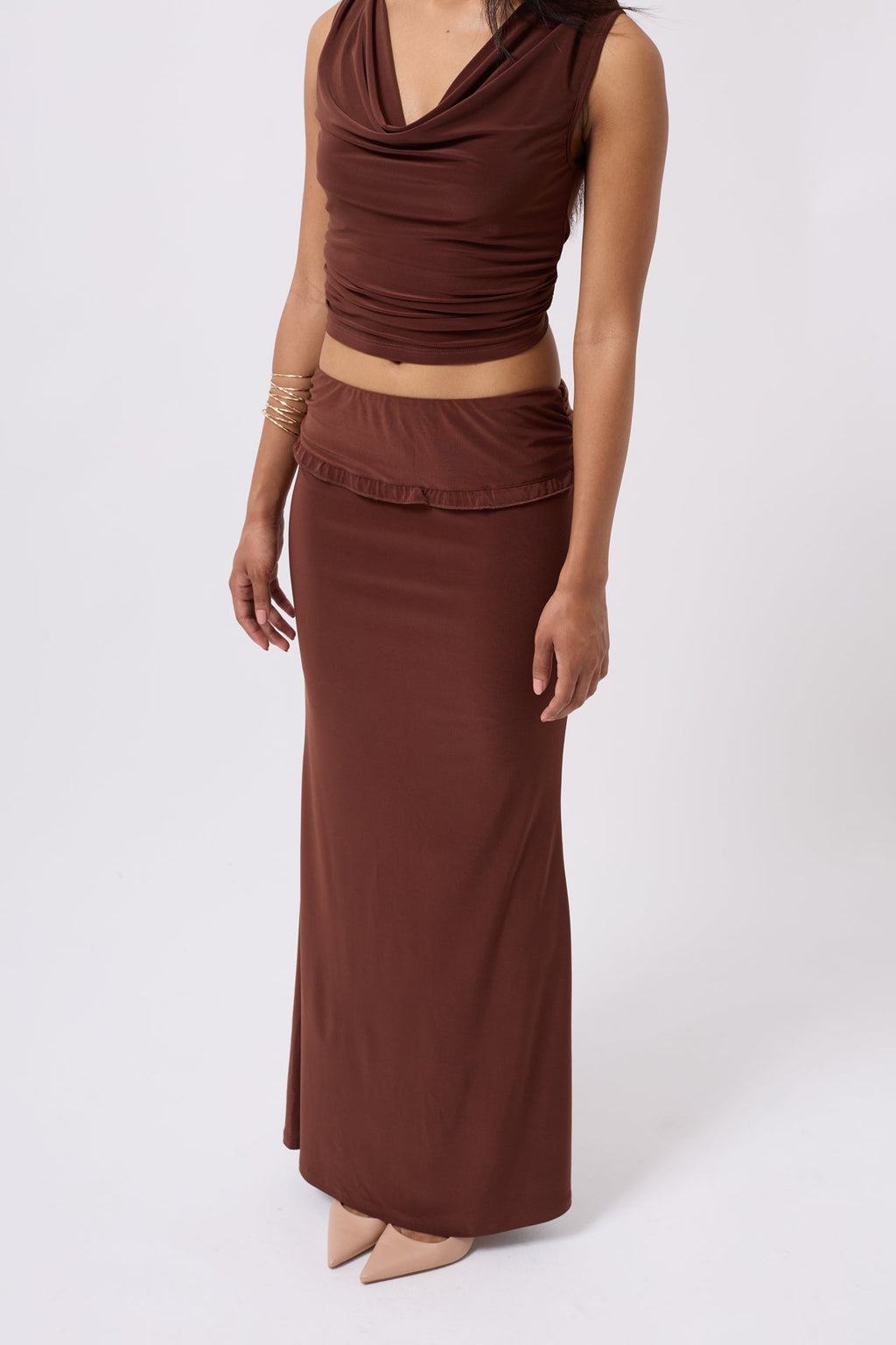 Folded Waist Detail Maxi Brown Skirt