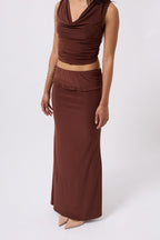 Folded Waist Detail Maxi Brown Skirt