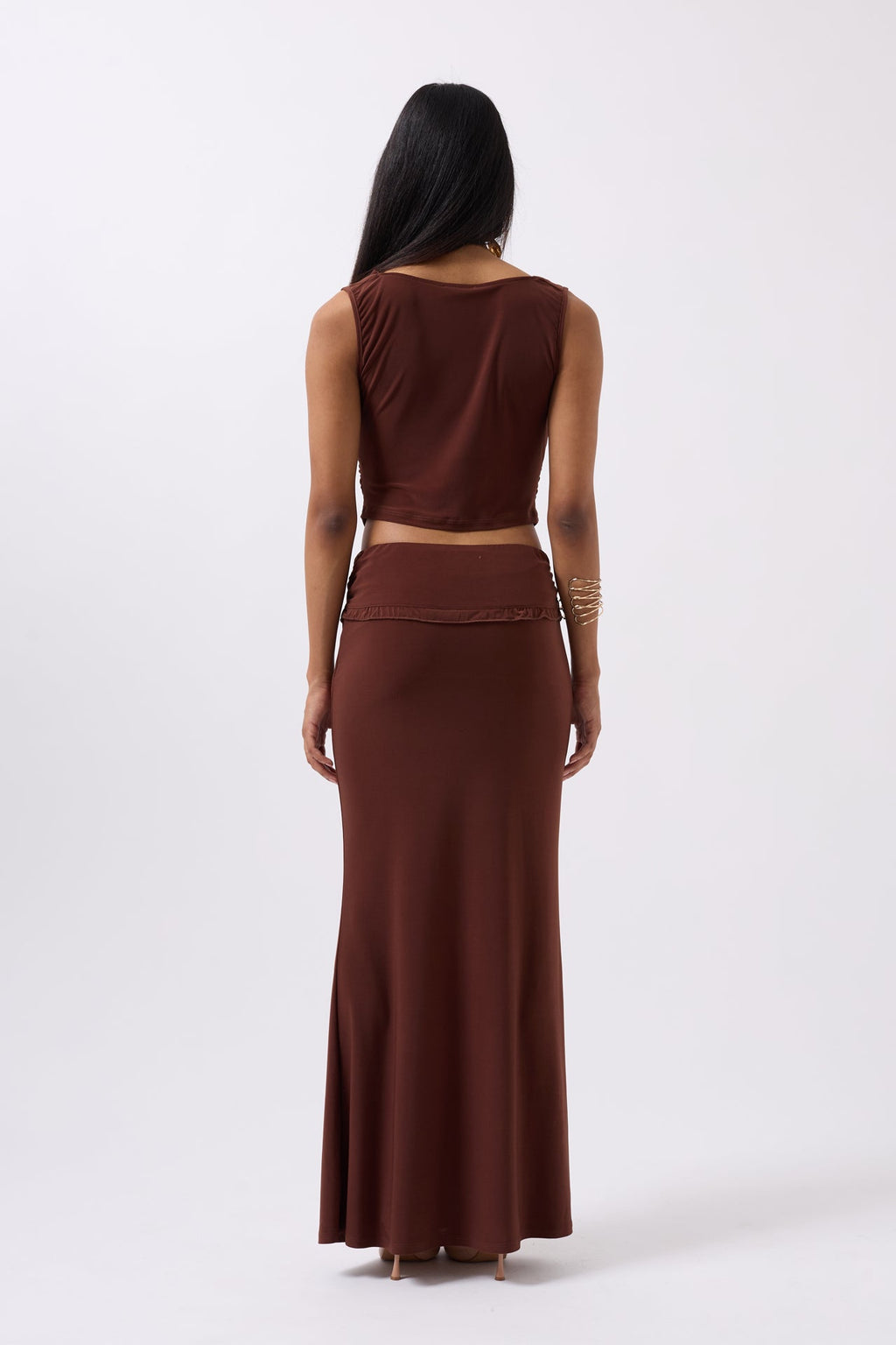 Folded Waist Detail Maxi Brown Skirt