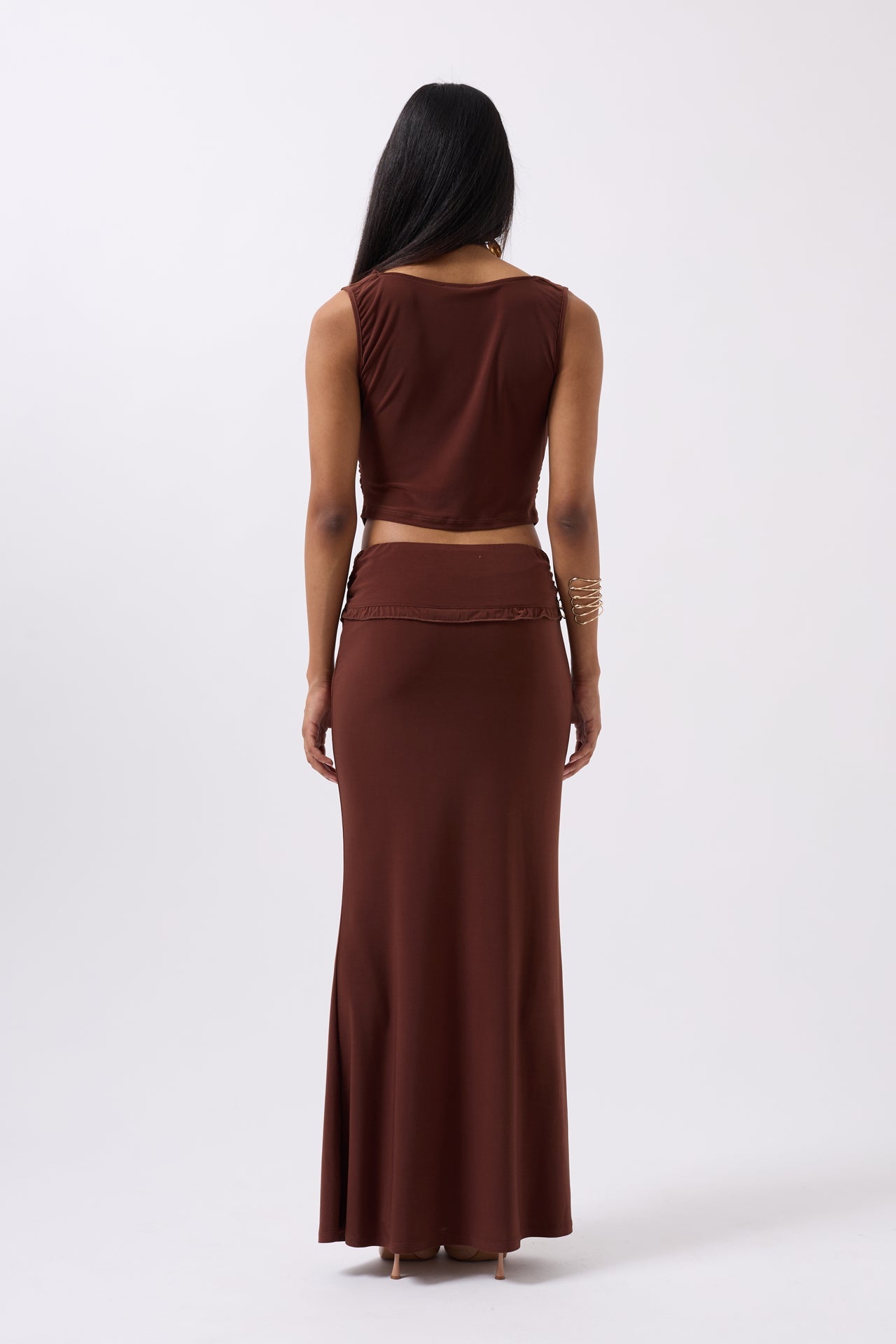 Folded Waist Detail Maxi Brown Skirt