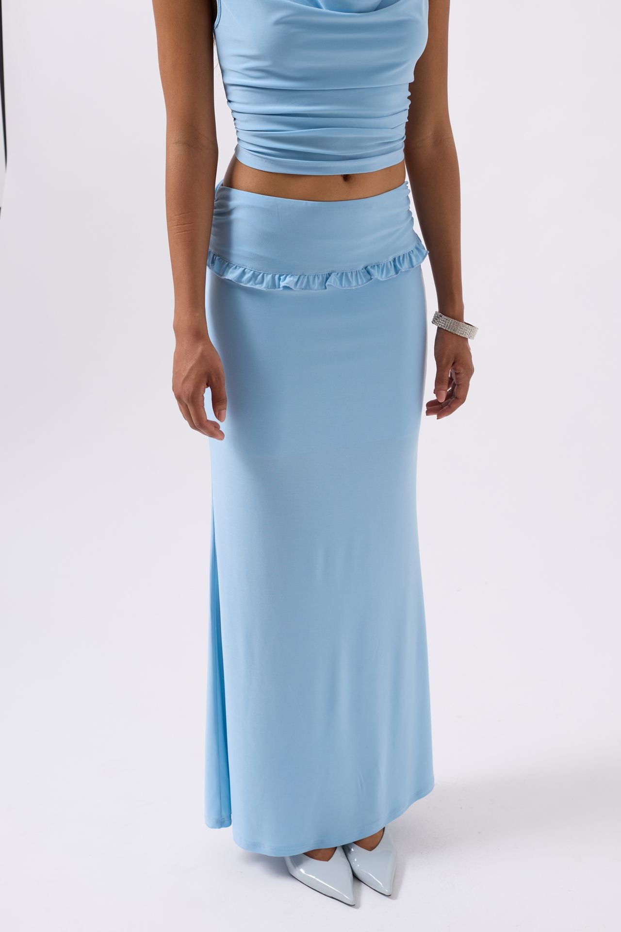 Folded Waist Detail Maxi Blue Skirt