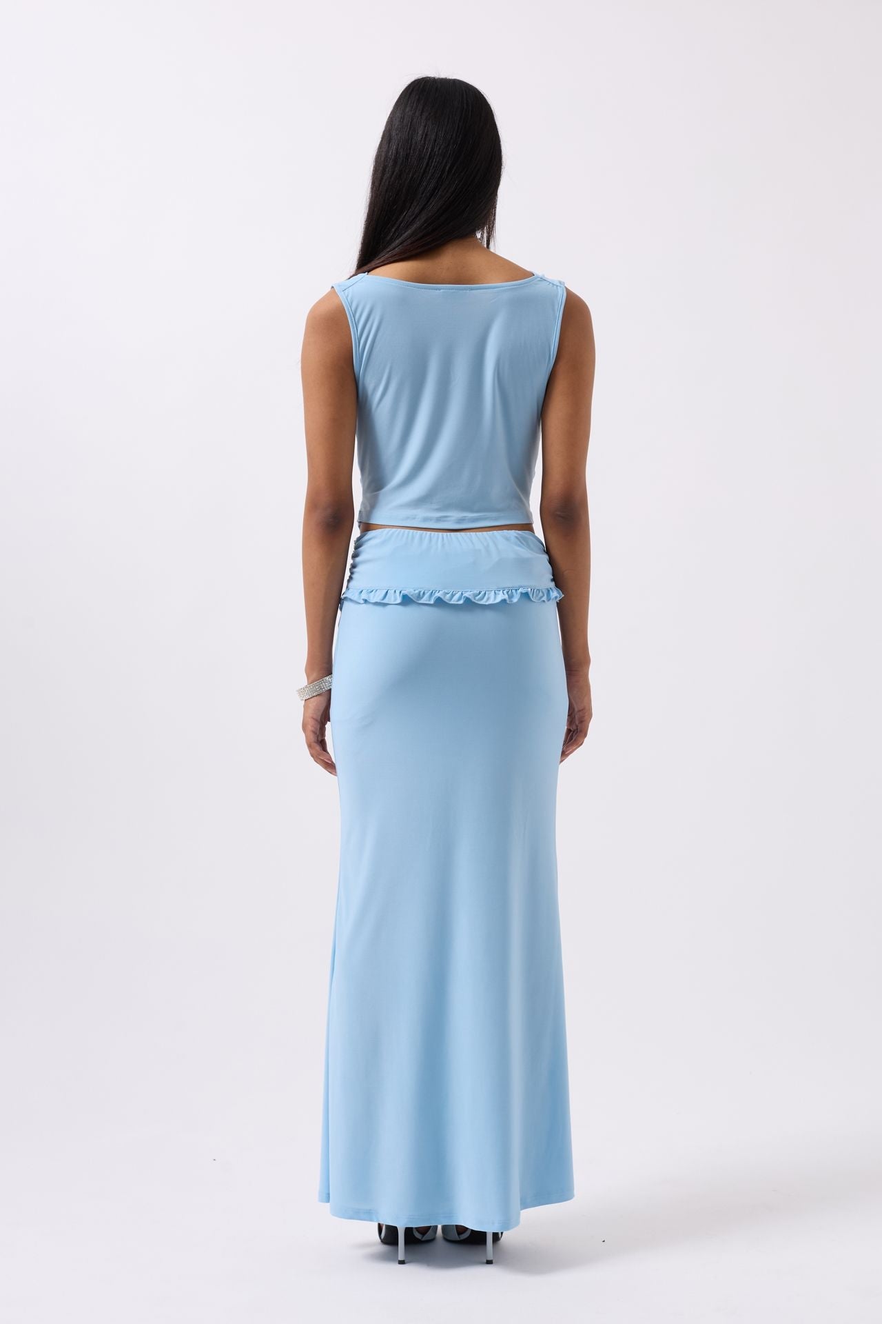 Folded Waist Detail Maxi Blue Skirt