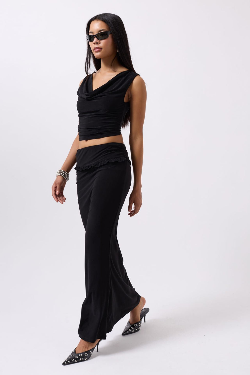 Folded Waist Detail Maxi Black Skirt