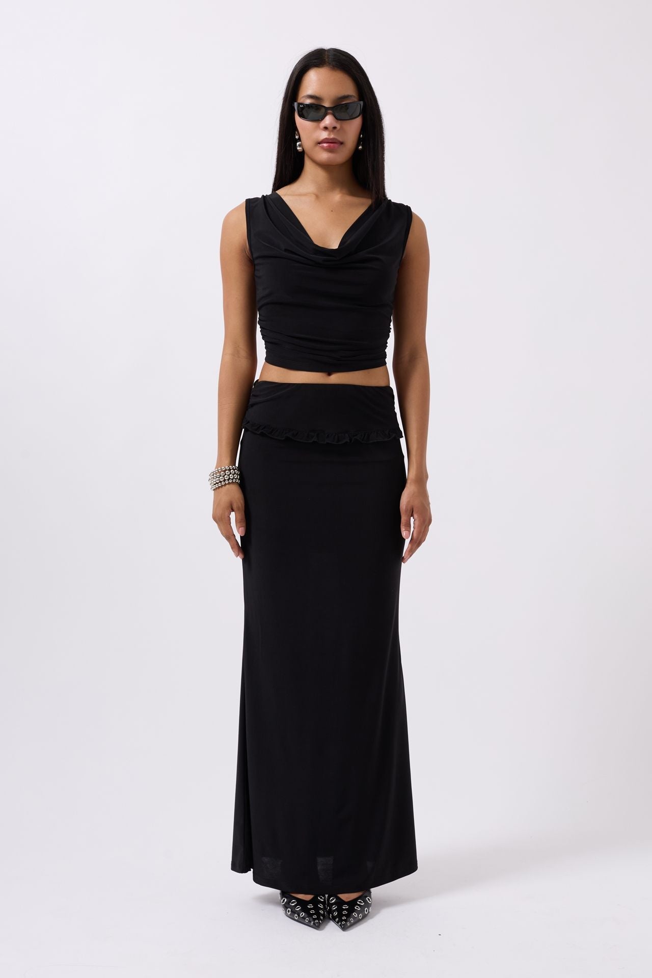 Folded Waist Detail Maxi Black Skirt
