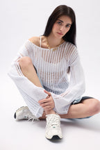 Boat Neck Openwork White Blouse