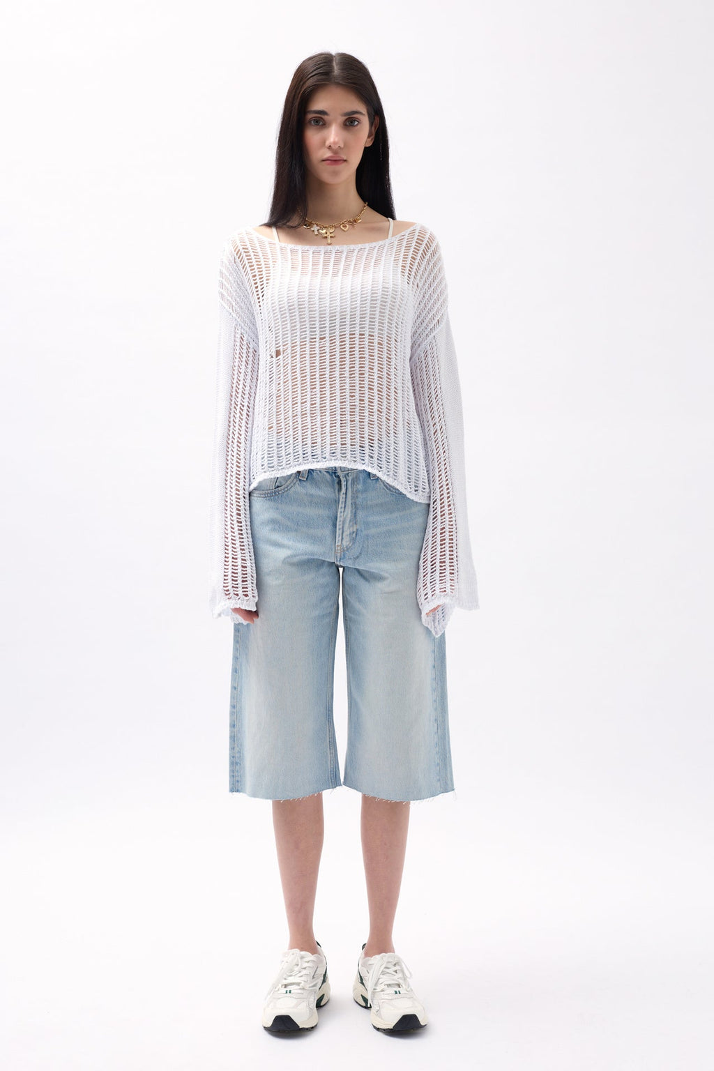 Boat Neck Openwork White Blouse