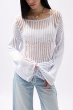 Boat Neck Openwork White Blouse