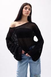 Boat Neck Openwork Black Blouse