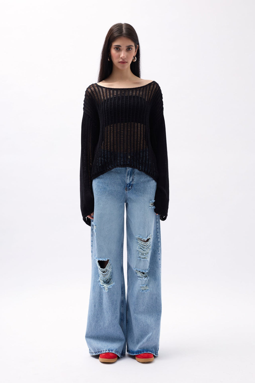 Boat Neck Openwork Black Blouse