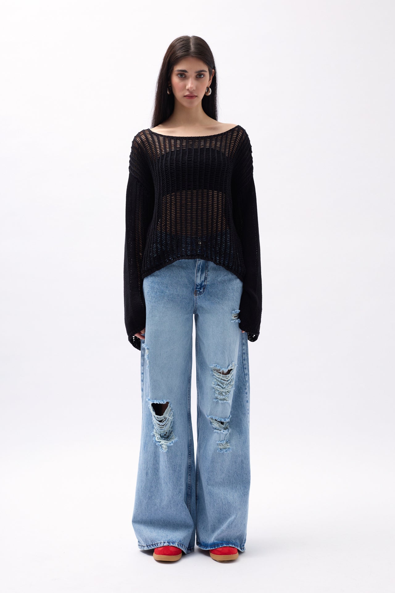 Boat Neck Openwork Black Blouse