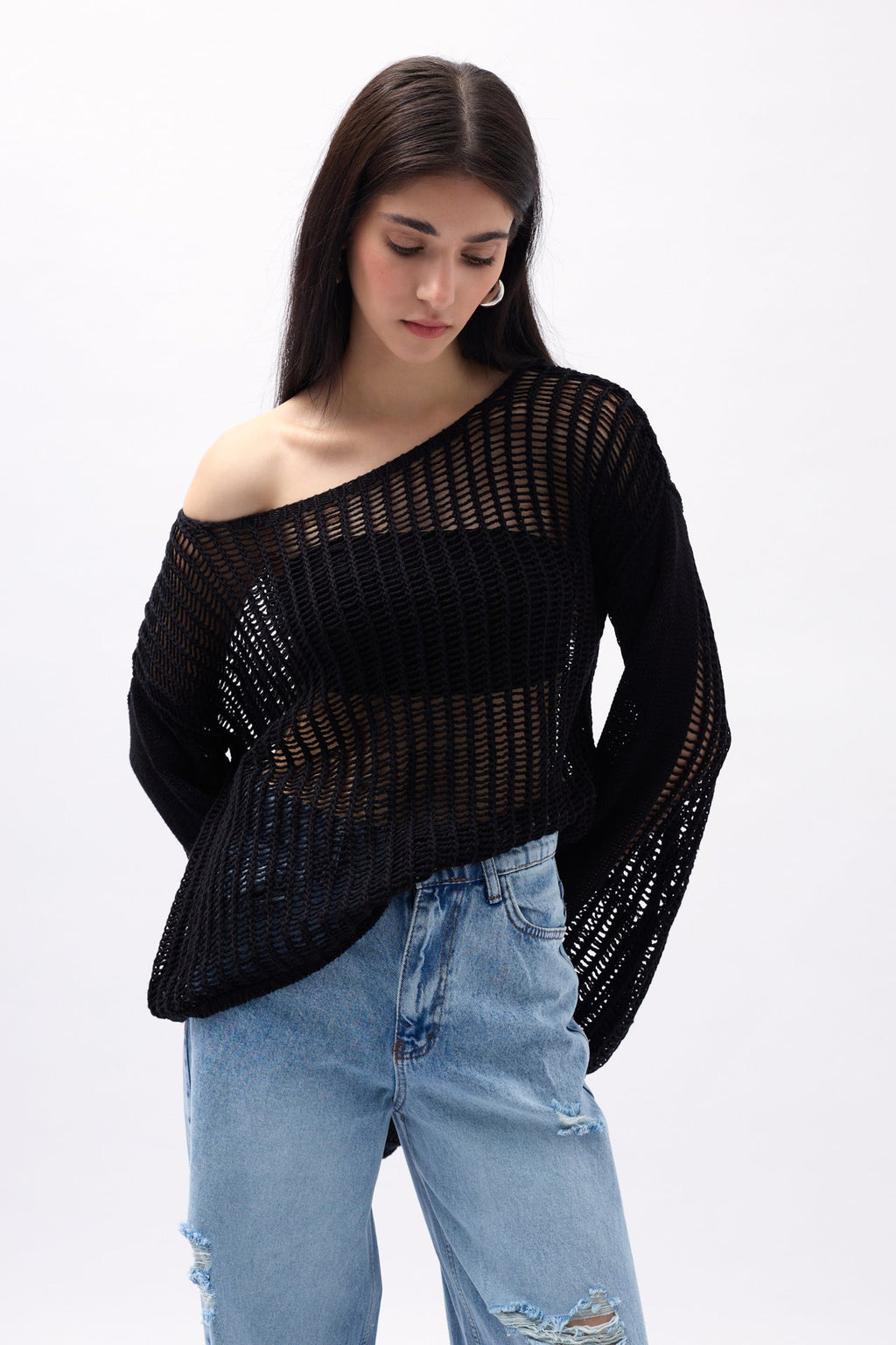 Boat Neck Openwork Black Blouse