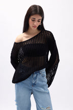 Boat Neck Openwork Black Blouse
