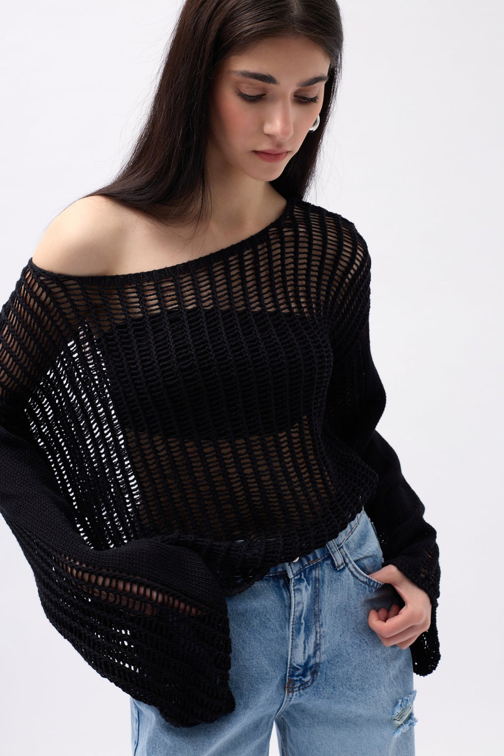 Boat Neck Openwork Black Blouse