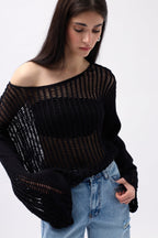 Boat Neck Openwork Black Blouse