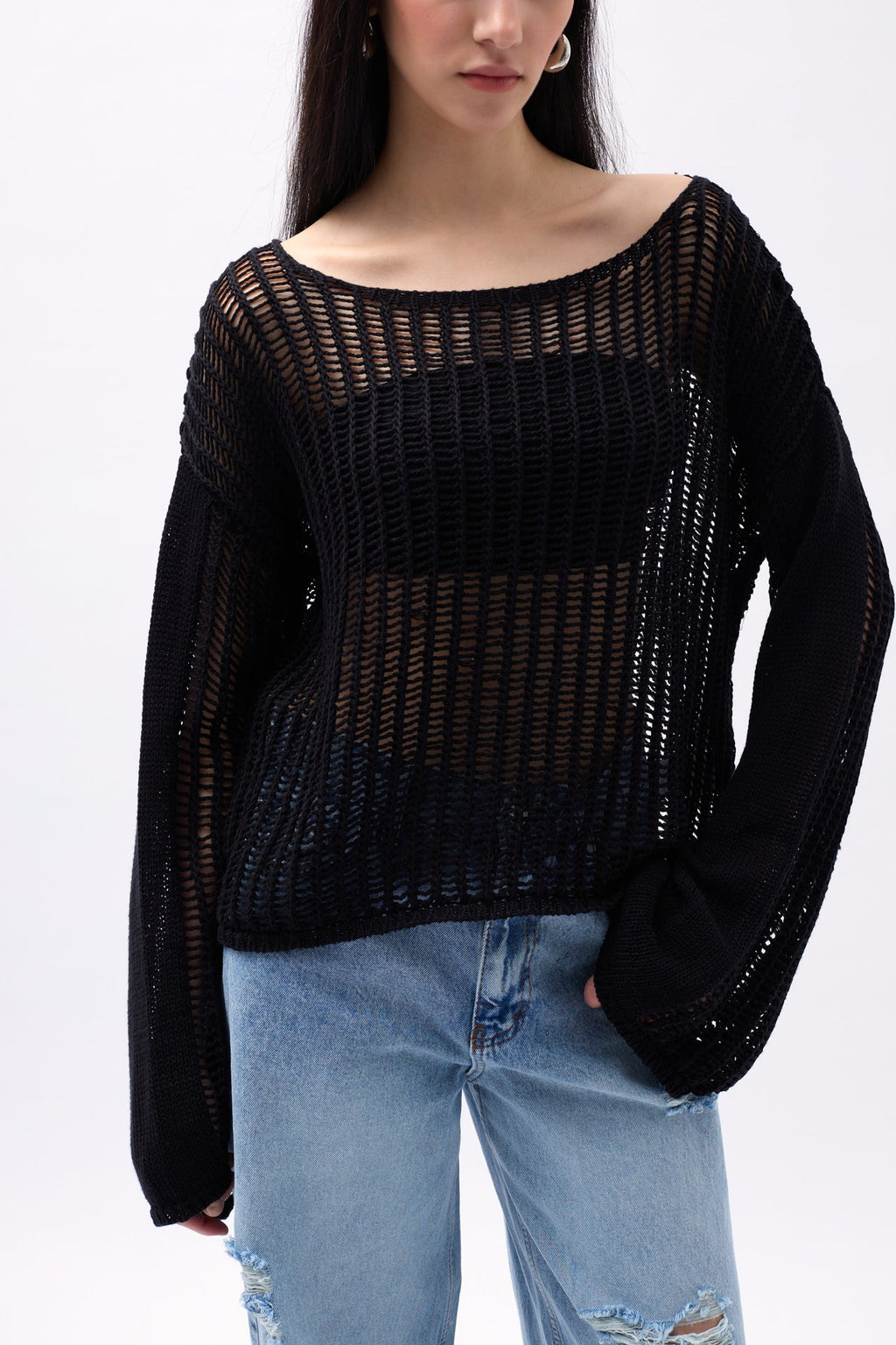 Boat Neck Openwork Black Blouse
