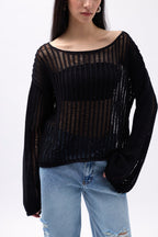 Boat Neck Openwork Black Blouse