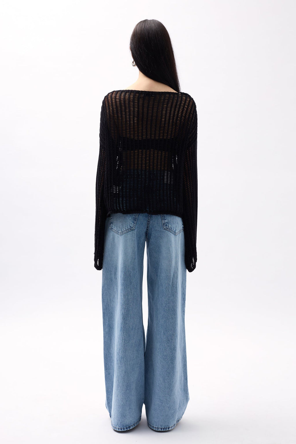 Boat Neck Openwork Black Blouse