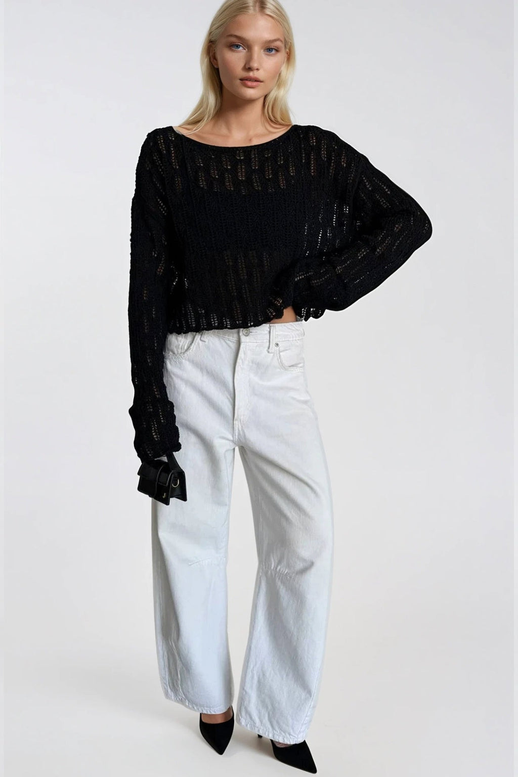 Boat Neck Open-Knit Black Knit Blouse
