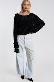 Boat Neck Openwork Black Knit Blouse