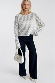 Boat Neck Openwork White Knit Blouse