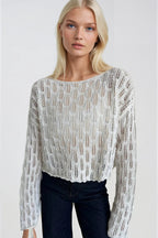 Boat Neck Open-Knit White Knit Blouse