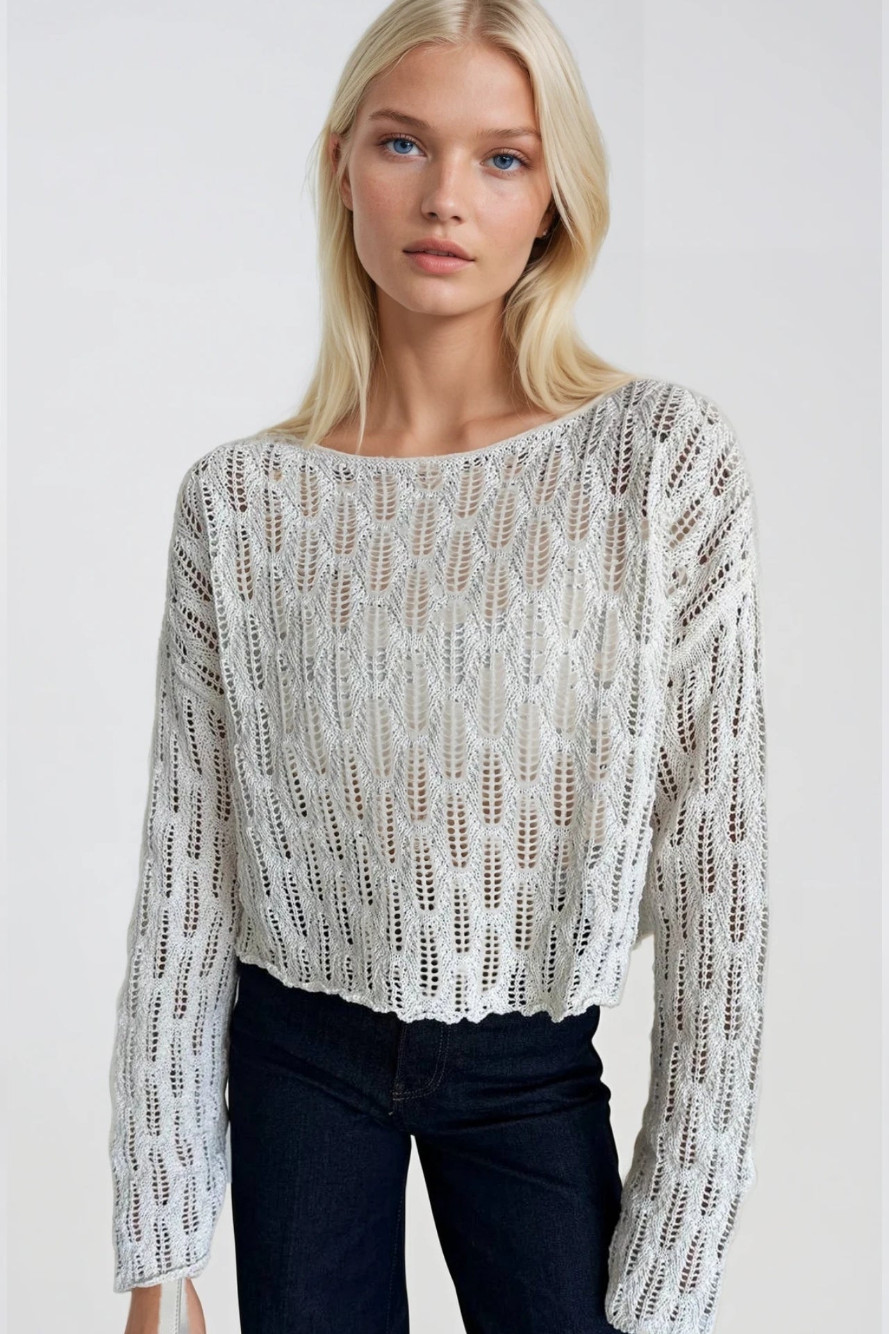 Boat Neck Open-Knit White Knit Blouse