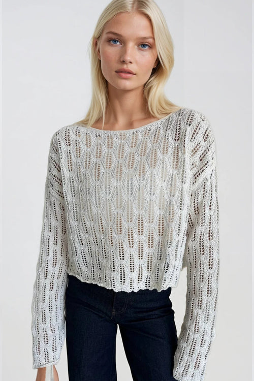 Boat Neck Open-Knit White Knit Blouse