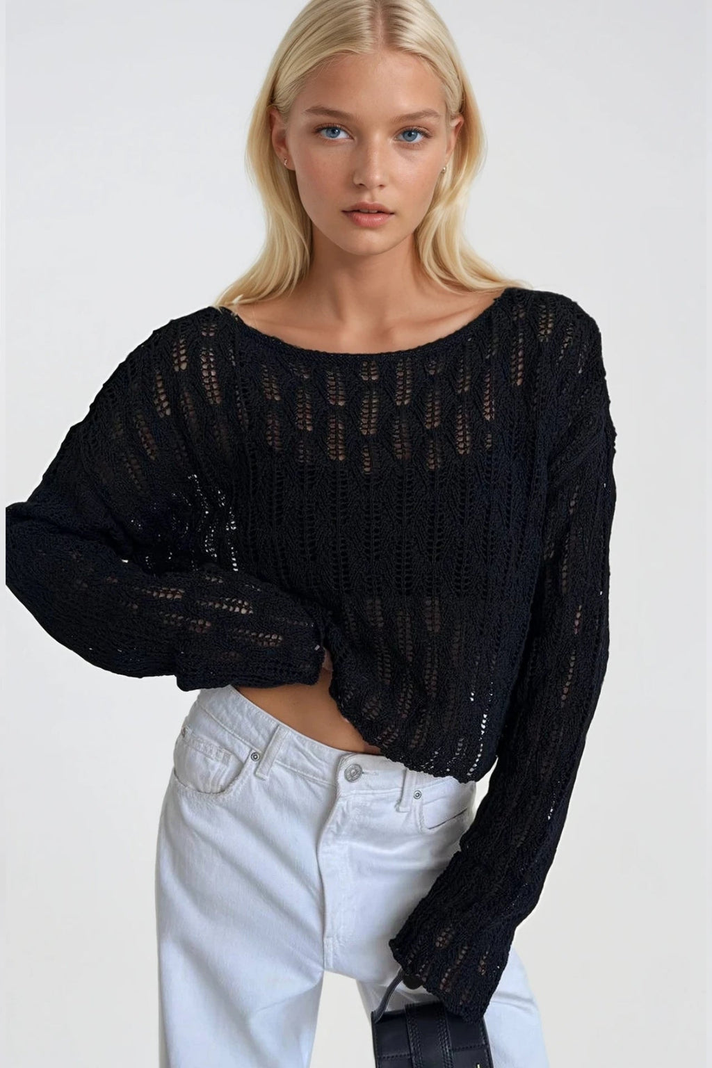 Boat Neck Open-Knit Black Knit Blouse