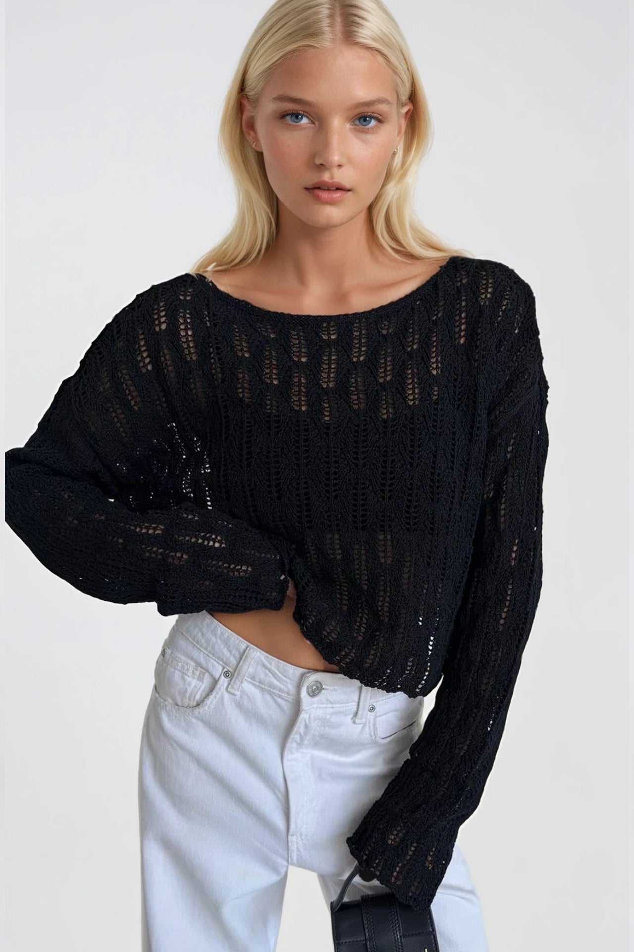 Boat Neck Open-Knit Black Knit Blouse
