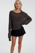 Boat Neck Open-Knit Brown Knit Blouse