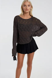 Boat Neck Openwork Brown Knit Blouse